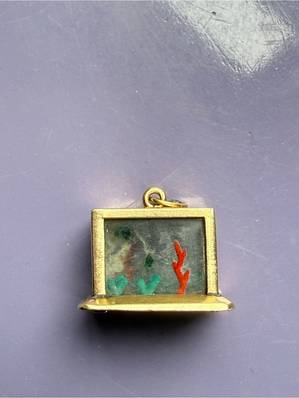 Vintage 14K Gold Aquarium Charm with Red & Green Seaweed Detail